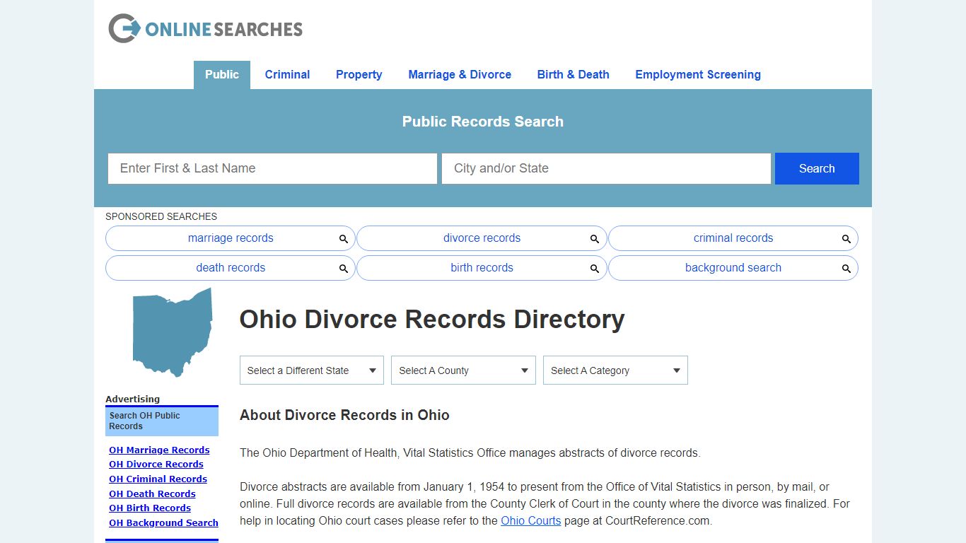 Ohio Divorce Records Search Directory - OnlineSearches.com